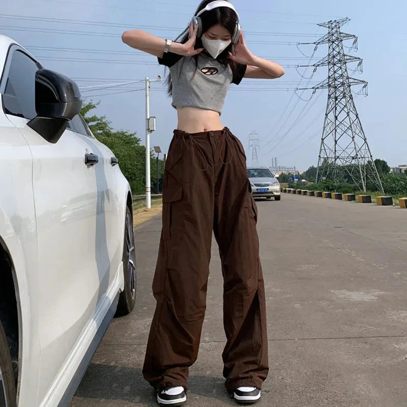 Y2K Brown Drawstring Cargo Pants Vintage Hip Hop Streetwear Baggy Pocket Wide Leg Trousers Casual Straight Pants