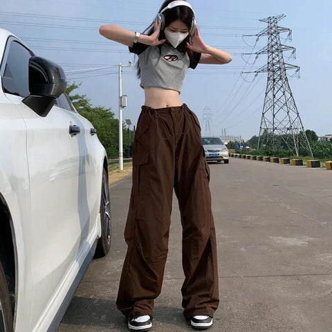 Y2K Brown Drawstring Cargo Pants Vintage Hip Hop Streetwear Baggy Pocket Wide Leg Trousers Casual Straight Pants
