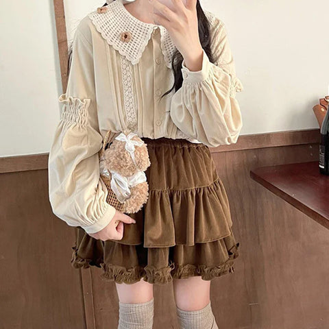 Voguable 90s Winter Ruffle Brown Kawaii Lolita Pleated Skirt Fairy Y2k Mini Skirt FeKorean Cute Mini Cake Casual Skirt