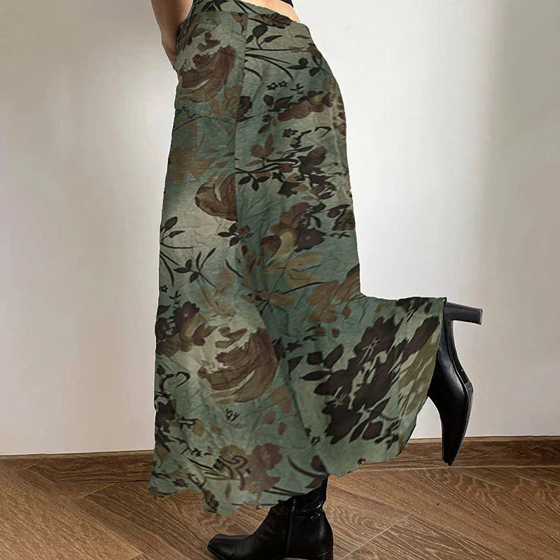 Vintage Print Loose Midi Skirt Retro y2k Low Rise Casual Skirts 2000s Aesthetic Ladies's Bottoms Harajuku Clothing