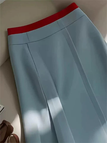 Bomon Y2K blue and red color contrast baseball slant skirt pre-fall design high-waisted mid-long skirt