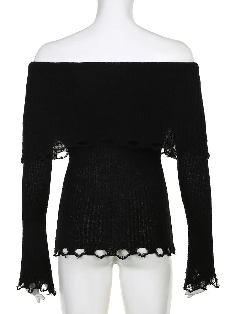 Voguable Grunge Fairycore Off Shoulders Ripped Sweaters Slash Neck Goth Jumper Tops Y2K Dark Academic Pullover