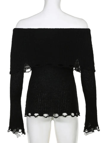 Voguable Grunge Fairycore Off Shoulders Ripped Sweaters Slash Neck Goth Jumper Tops Y2K Dark Academic Pullover