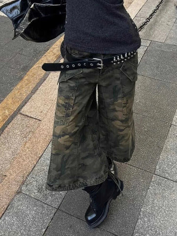 American Vintage Japanese 2000s Camo Jorts Jean Shorts Knee Length Denim Pants Y2k Streetwear Harajuku Punk Baggy