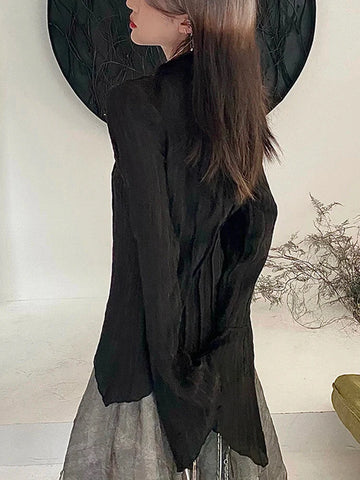 Voguable  Gothic Harajuku Black Shirt Vintage Long Sleeve Y2K Blouse Casual American Retro Irregular V Neck Loose Tops Spring