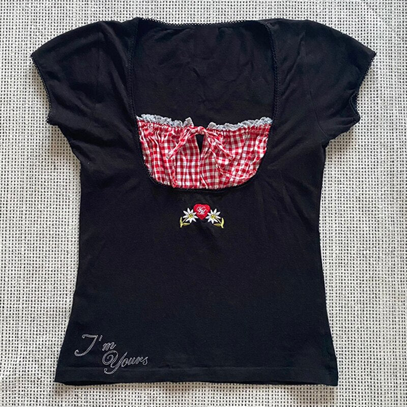 Voguable  Vintage Kawaii Bow Embroidery Mini Dress Patchwork Square Collar Short Sleeve Black Dress Retro Y2K Aesthetic Fairy Clothes
