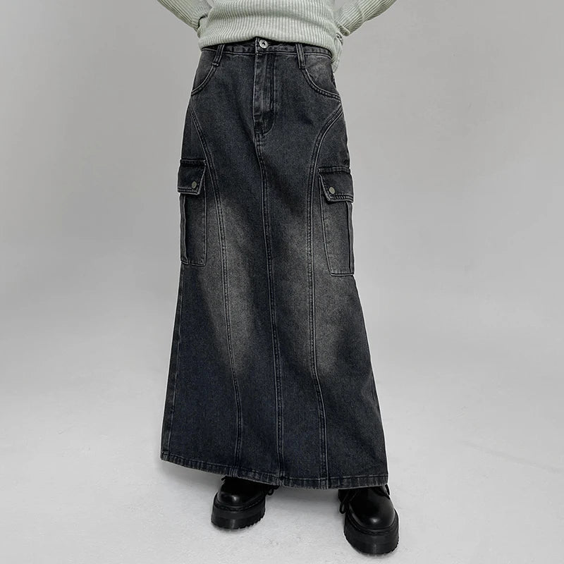 Voguable Vintage Pocket Split Washed Denim Maxi Skirt High Waist Y2K Streetwear Long Skirts Harajuku Korean Fairy Grunge