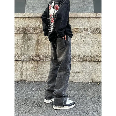 Vintage Flame Embroidered High Rise Jeans Washed Old Loose Fit Jeans Y2K Jeans Casual Pants Loose Fit Jean