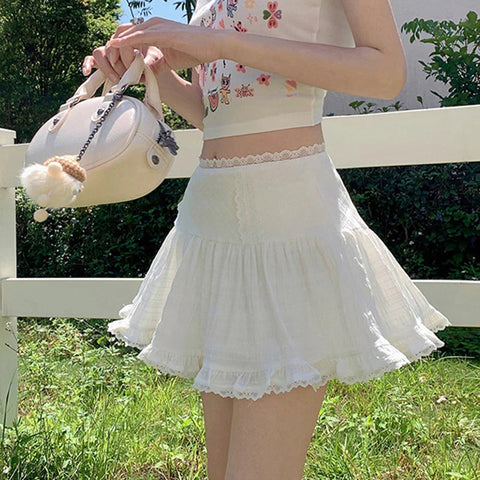y2k Skirt Coquette Clothes White Lace Trim Low Rise Flowy A Line Short Skirts 2000s Fairycore Skirt Streetwear