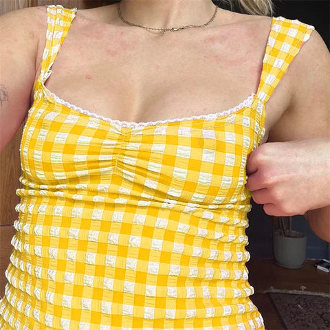 y2k Tops for Fairycore Clothing Plaid Print Lace Trim Sleeveless Tanks T Shirts 2000s Clothing Streetwear