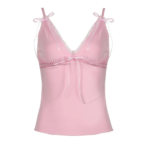 Voguable  Y2K Ribbons Bow Lace Patchwork Crop Top Pink Coquette Aesthetic Slim-fit V-neck Camis Ruched Kawaii Lolita Corset Women