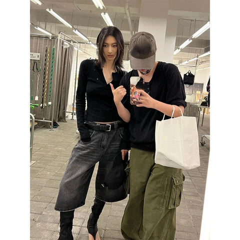 Voguable  Vintage Washed Black Denim Pants High Waist Loose Wide Leg Y2k E-Girl Unisex A-line Calf- Length Chic