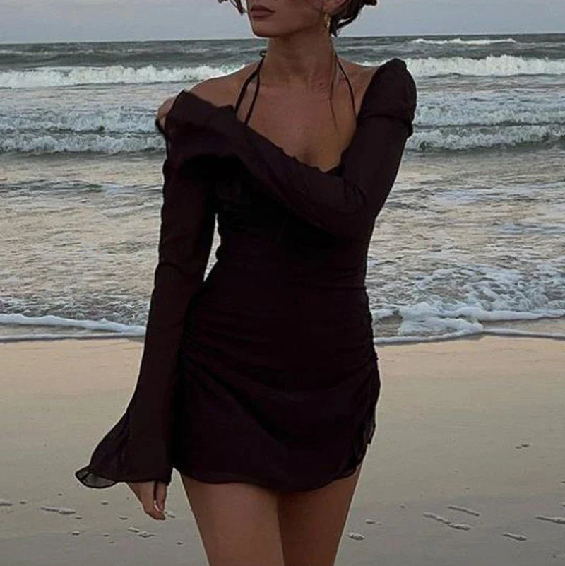 Y2K Fairycore Mesh Halter Dress Chic Flare Sleeve Side Drawstring Ruched Mini Dress Elegant Lady Beach Holiday Club Party