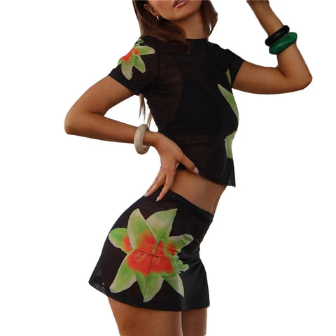 y2k Outfits 2 Piece Set Floral Print Short Sleeve Tank Top and Short Skirt 2000s Aesthetic Clothing Streetwear