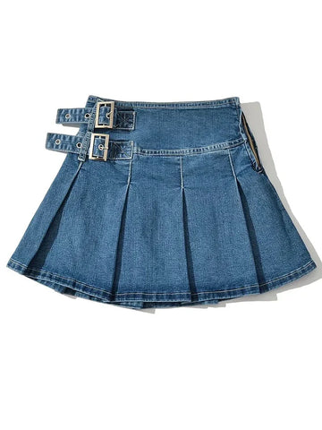 Denim Y2k Skirt with Pleats and Belt 90s E-girl Korean Skirts For High Street Jeans Short Bottom