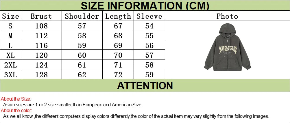 Y2K Letter Embroidered Hoodie Winter Vintage Zip Up Oversized Sweatshirt Harajuku Long Sleeve Hooded Jacket Clothes