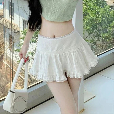 y2k Skirt Coquette Clothes White Lace Trim Low Rise Flowy A Line Short Skirts 2000s Fairycore Skirt Streetwear