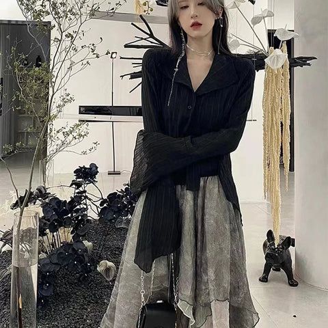 Voguable  Gothic Harajuku Black Shirt Vintage Long Sleeve Y2K Blouse Casual American Retro Irregular V Neck Loose Tops Spring