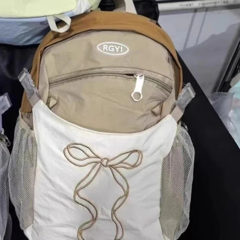 Students Travel Bags Patchwork Contrast Color Schoolbags Preppy Chic Kawaii Bow Embroidery Backpacks Y2k Aesthetic Fashion
