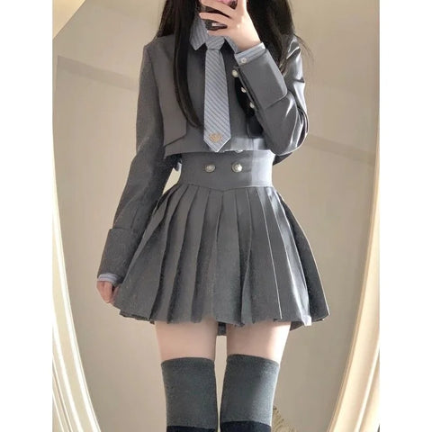 Voguable  Elegant 3 Piece Set Skirt Woman Stripe Shirt + High Waist Y2k Mini Skirt + Short Coat Suit Preppy Style Summer