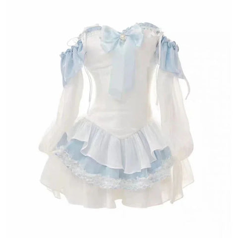Voguable Blue Lolita Clothing Suit Slim Vest + Kawaii Y2k Mini Dress Elegant Short Party Dress Japanese Style Suit