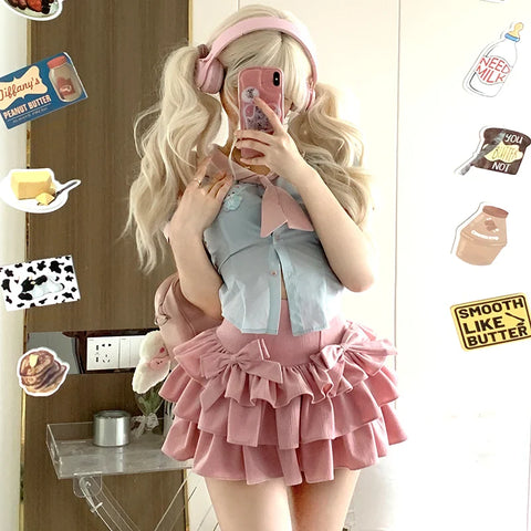 Voguable  Kawaii Y2K 2 Pieces Sets Sweet Slim Sailor Collar Shirts Pink Mini Skirts Elegant Lolita Outfits New