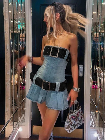 Vintage Y2k Strapless Denim Dress Bodycon Korean Kpop Belt Pleated Mini Dress 2000s Streetwear