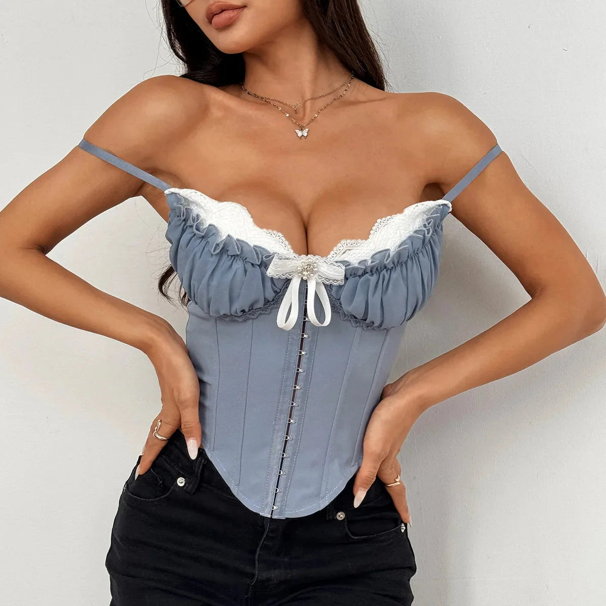 V Neck Y2K Crop Tops Lace Patchwork Pleated Bowknot Corset Top  Backless Slim Camisole Body Shape Fishbone Bustier