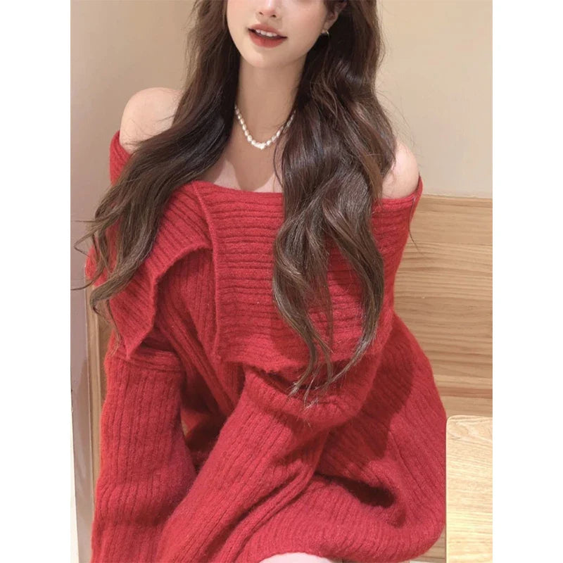 Design White Knitted Sweater Long Sleeve Pure Color Korean Y2k Clothing Elegant Pullover Female