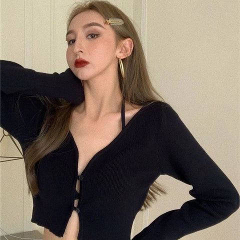 V Neck Crop Cardigans Y2K Korean Long Sleeve Button Sweater Slim Thin Black Knitting Sun Protection Jumper