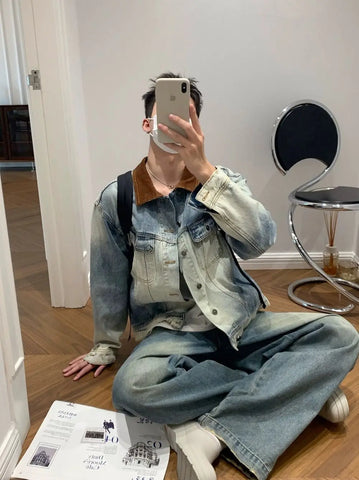 and Style Distressed Denim Jacket Korean Style Premium Contrast Color Casual Lapel Clothing Y2k