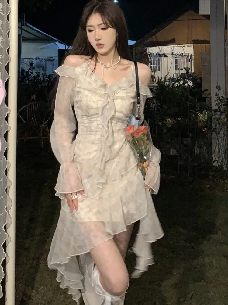 Voguable Y2K Ruffles Irregular Short Dress Tie Dye Flare Sleeves Elegant Party Dress Prom Robe Halter Vestidos