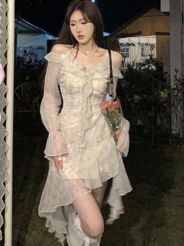 Voguable Y2K Ruffles Irregular Short Dress Tie Dye Flare Sleeves Elegant Party Dress Prom Robe Halter Vestidos