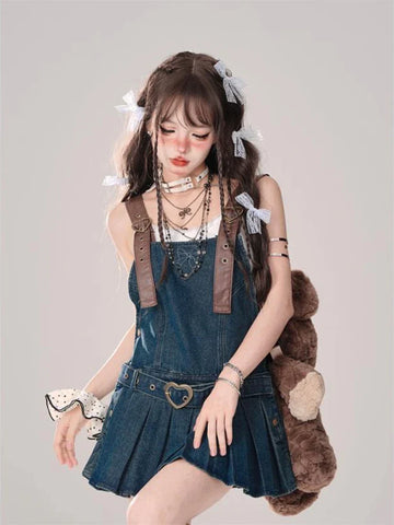Voguable  2000s Vintage Denim Y2k Mini Dress  Elegant Jean Strap Dress Casual Streetwear Sleeveless Dress Korean Chic