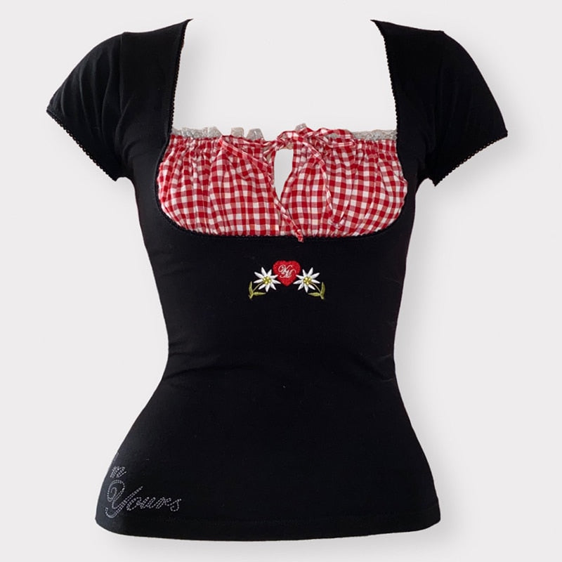 Voguable  Vintage Kawaii Bow Embroidery Mini Dress Patchwork Square Collar Short Sleeve Black Dress Retro Y2K Aesthetic Fairy Clothes