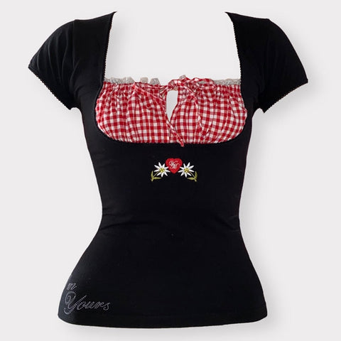 Voguable  Vintage Kawaii Bow Embroidery Mini Dress Patchwork Square Collar Short Sleeve Black Dress Retro Y2K Aesthetic Fairy Clothes