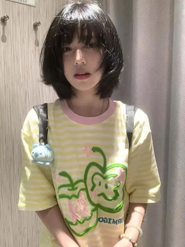 Apple Embroidery T Shirt Korean Style Striped Short Sleeved T-shirts Y2k Clothes Gentle O Neck Tees Top