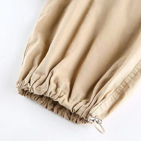 Voguable  Khaki Oversized Cargo Baggy Pants Y2K Hip Hop Style Loosed  Adjustable Waist Drawstring Long Pant Streetwear 90s Style Clothes