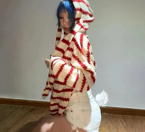 Japanese Y2k Hooded Cardigan 2000s Aesthetics Rabbit Ears Zipper Knitwear Vintage Harajuku Red Stripe Sweater Grunge