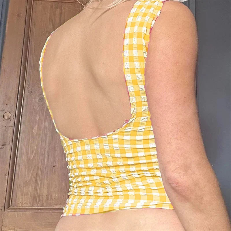 y2k Tops for Fairycore Clothing Plaid Print Lace Trim Sleeveless Tanks T Shirts 2000s Clothing Streetwear