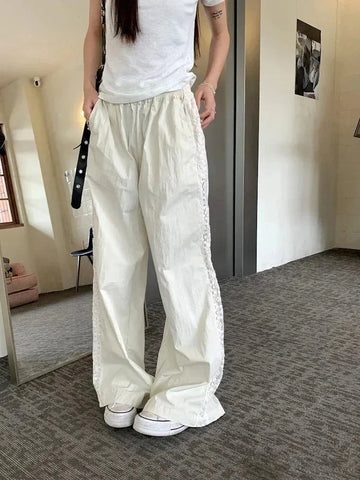 Sweet Lace Patchwork White Pants Y2K High Waist Preppy Thin Wide Leg Pants Korean Chic Loose Jogging Quick Drying Trousers New