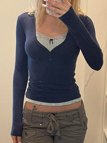 Voguable  Polka Dot Printed Lace Patchwork Fake Two-piece Top y2k Coquette Long Sleeve T-shirt Harajuku Pullover Cute Tees Casual