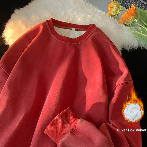 American Washed Old Pullovers Sweatshirts Loose Solid Color Large Size Warm O Neck Tops Hip Hop Y2k Sweatshirt