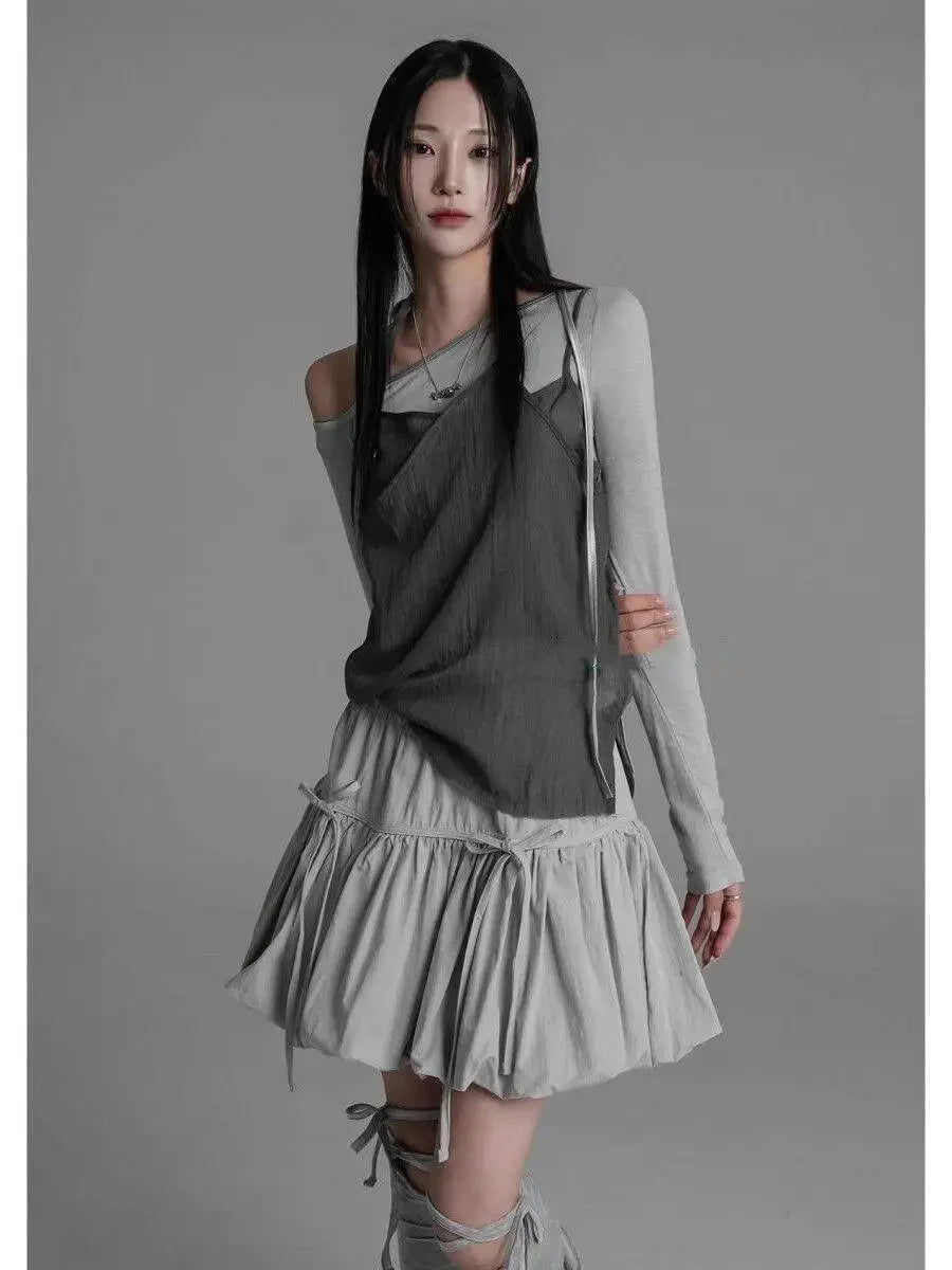 Y2k Bubble Mini Skirt Elastic Waist Ruffle Flare Puffy Skirt High Rise Cute Pleated Lace-up Bow Tie Lantern Short Skirt