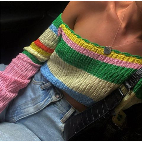 Voguable Knitted Y2K Clothes Crop Top Colored Striped Off The Shoulder T shirts Long Sleeve Trendy Short WoTops
