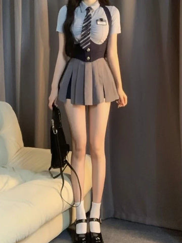 Voguable College Style JK Uniform Set Slim Shirt with Striped Tie Y2K Girls High Waist A- Line Pleated Skirt Suit