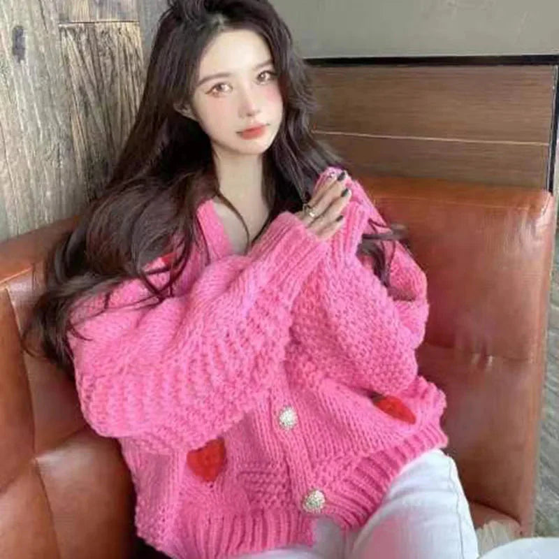 Winter Strawberry Knitting Cardigan Y2K Loose Long Sleeve Thicken Warm Sweater Korean Chic Preppy Sweater