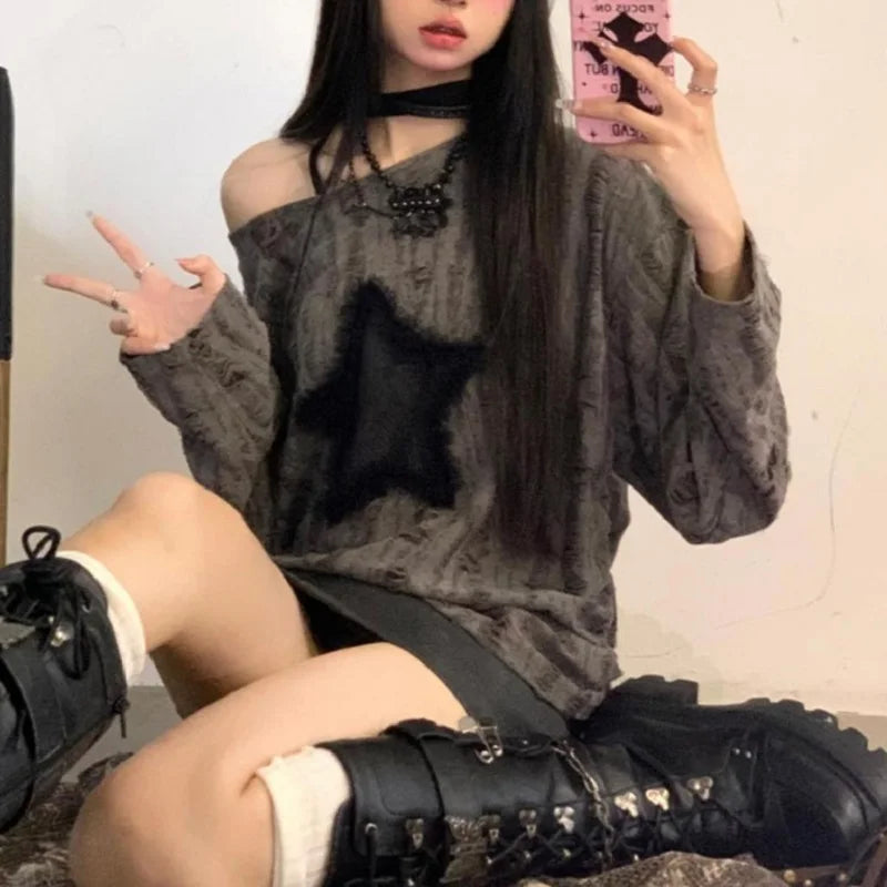 T-Shirt Star Print Y2k Aesthetic Loose Tees Kpop Fairycore Ripped Tshirt Harajuku Gothic Streetwear