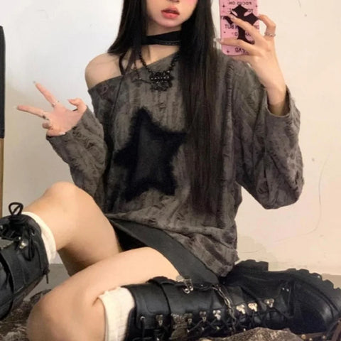 T-Shirt Star Print Y2k Aesthetic Loose Tees Kpop Fairycore Ripped Tshirt Harajuku Gothic Streetwear