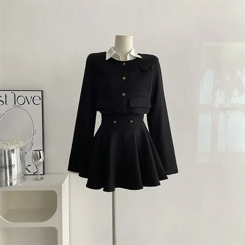 Voguable  Y2K 3 Piece Set Cropped Coat + Long Sleeve Shirt + High Waist Halter Ruffles Mini Dress Korean Chic Outfits